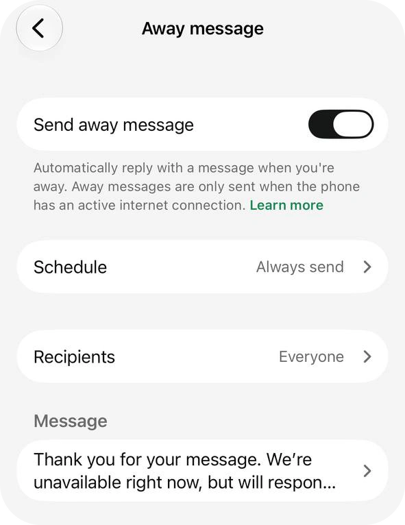 Away message screen with the Send away message toggle on, Schedule set to Always send, Recipients set to Everyone and the default away text