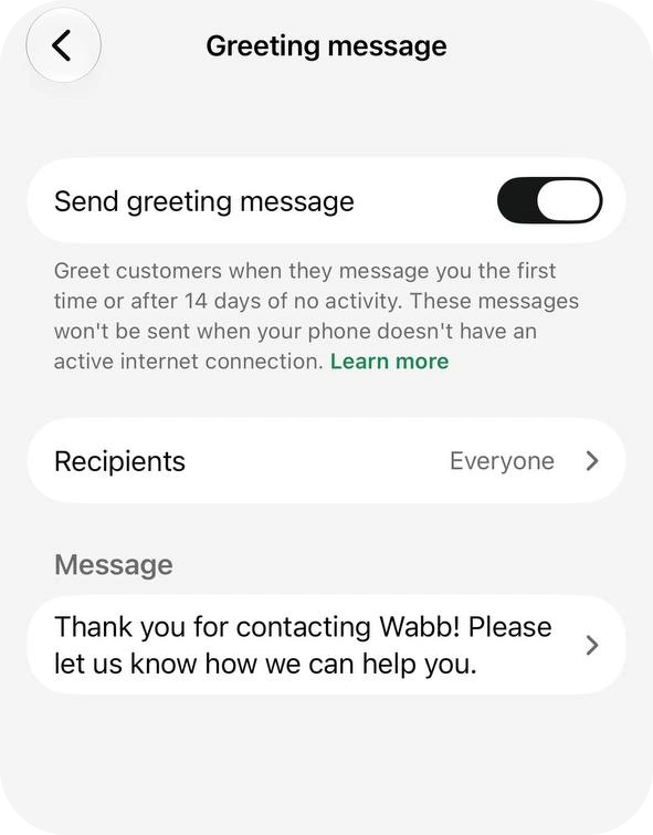 Greeting message screen with the Send greeting message toggle on, Recipients set to Everyone and a thank-you message