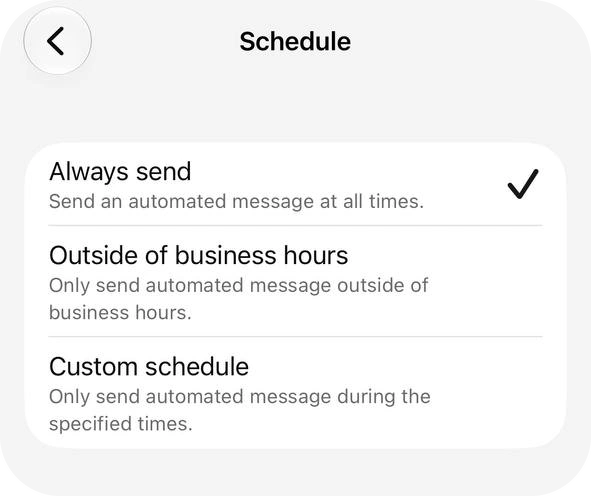 Schedule screen with Always send ticked, and Outside of business hours and Custom schedule below it