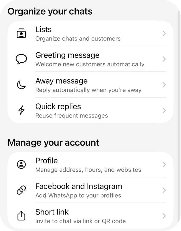WhatsApp Business Tools tab with Lists, Greeting message, Away message and Quick replies under Organize your chats, and Profile, Facebook and Instagram and Short link under Manage your account