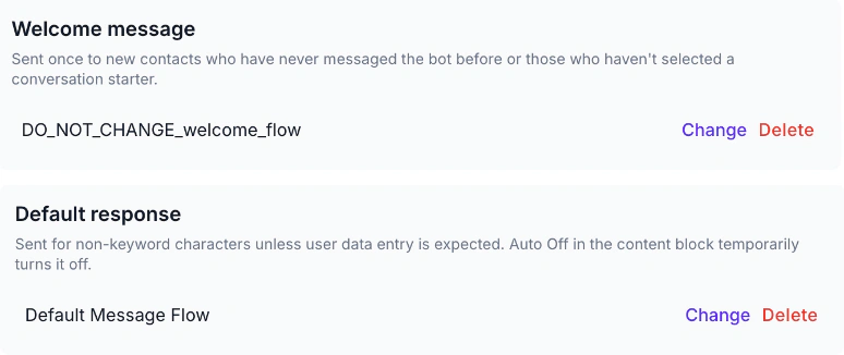 WABB Settings Connection page with the Welcome message and Default response cards, each naming a flow with Change and Delete links
