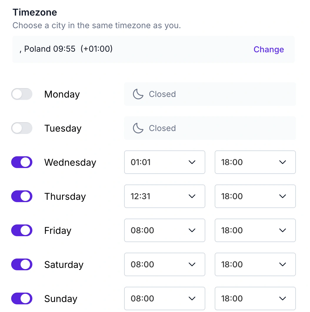WABB Office Hours page with a timezone and an on or off switch with opening and closing times for each day of the week