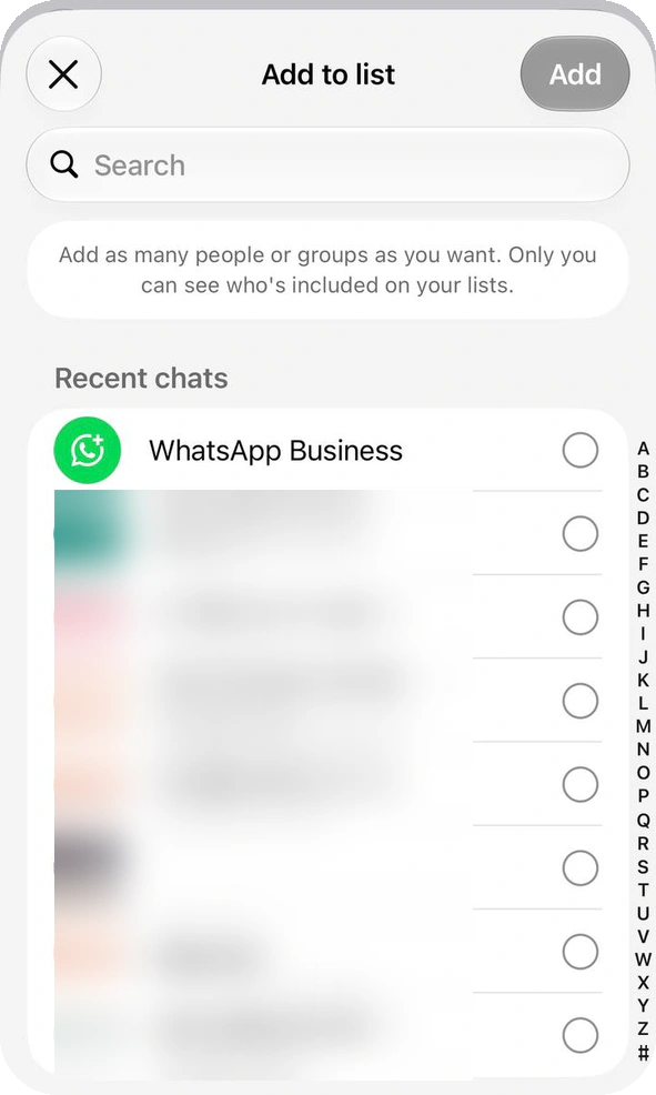 Add to list screen with a search field and a list of recent chats with tick circles
