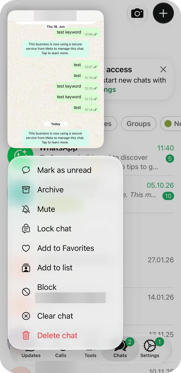Chat context menu with Add to list between Add to Favorites and Block