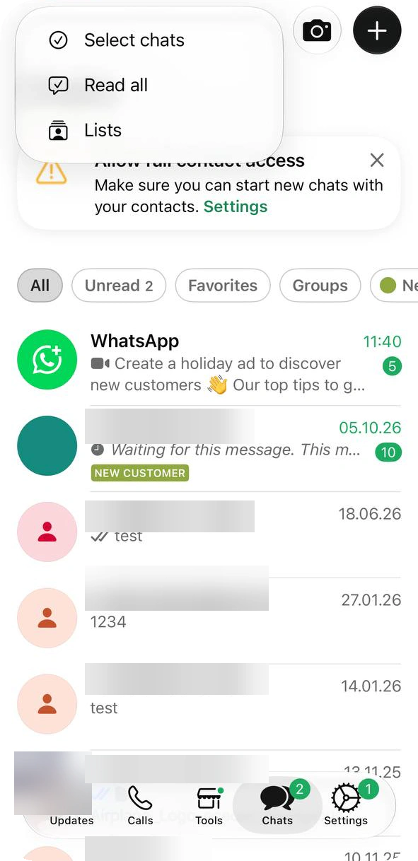Chats screen with a green NEW CUSTOMER tag on a chat and list filters at the top