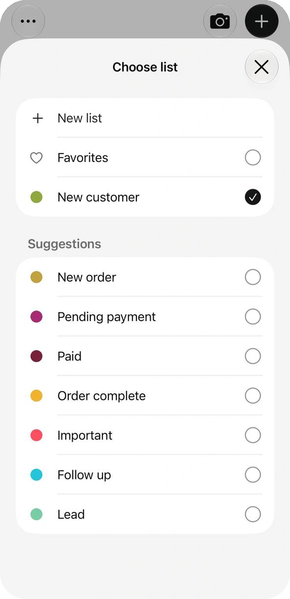Choose list sheet with New list, Favorites, New customer ticked and suggested lists