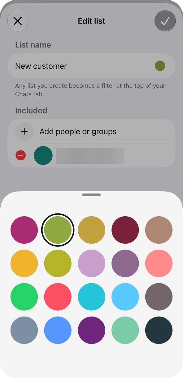 Color palette of twenty colors on the Edit list screen