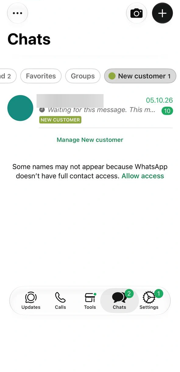 Chats filtered by the New customer list with a Manage New customer link