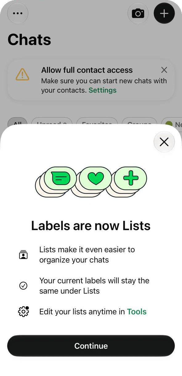 Labels are now Lists notice in WhatsApp Business with a Continue button
