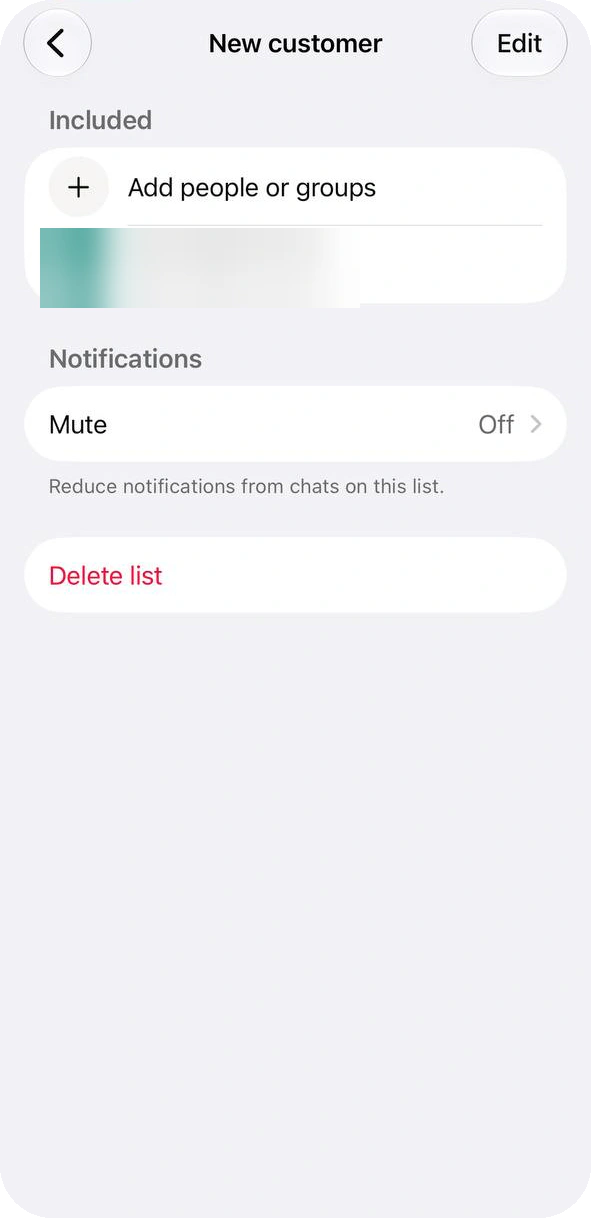 List page for New customer with one person under Included, a Mute option and Delete list