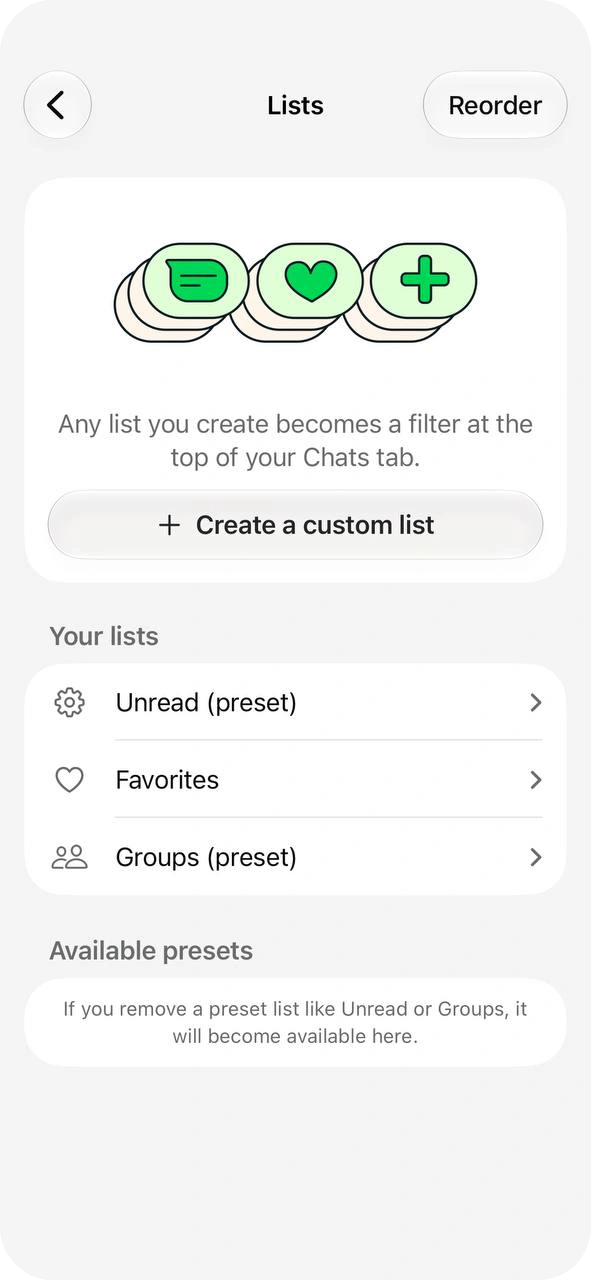 Lists screen with Create a custom list and the preset lists Unread, Favorites and Groups