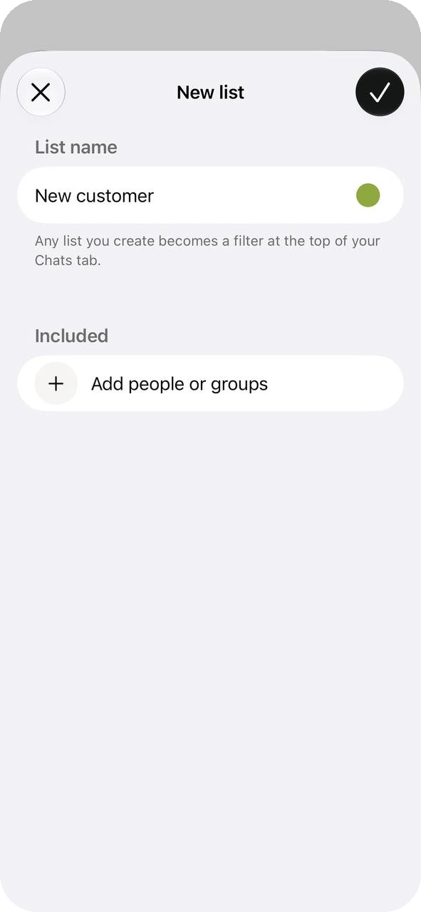 New list screen with the name New customer and a green color dot