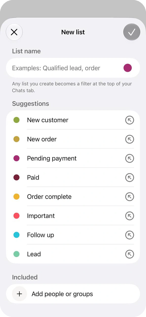New list screen with eight suggested list names