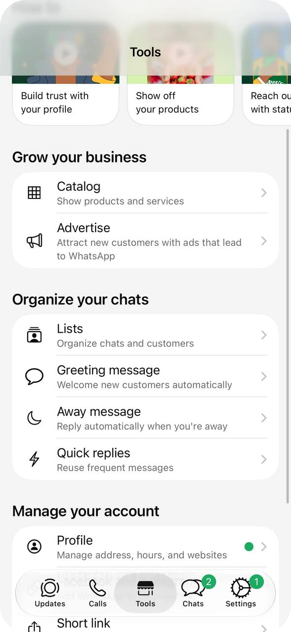 WhatsApp Business Tools tab with Lists in the Organize your chats group