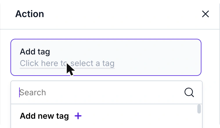 WABB flow Action block with Add tag selected and the tag selector offering Add new tag