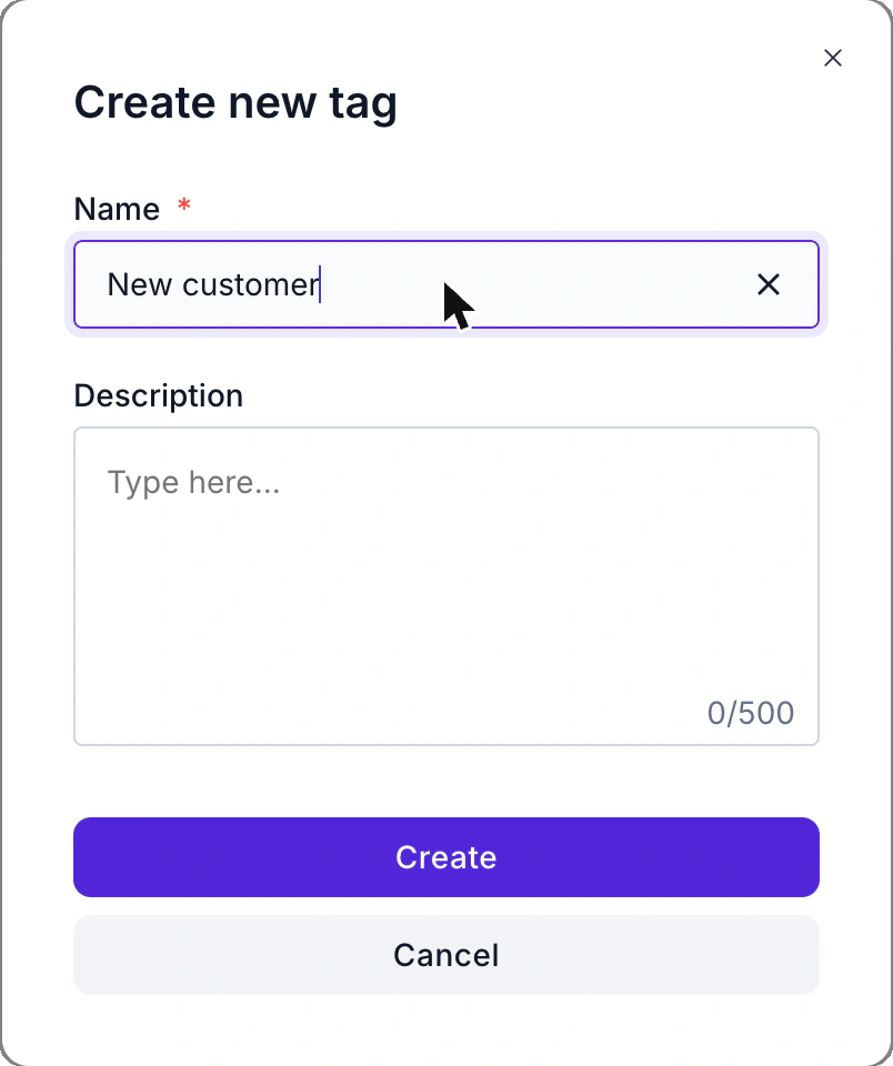 WABB Settings Tags: Create new tag dialog with the name New customer typed in