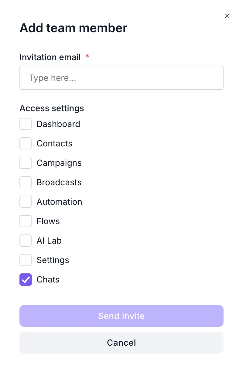 WABB Add team member dialog with the Invitation email field and Access settings checkboxes