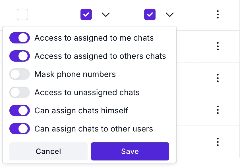 WABB Chats permissions panel with switches for assigned chats, unassigned chats, Mask phone numbers and assigning chats