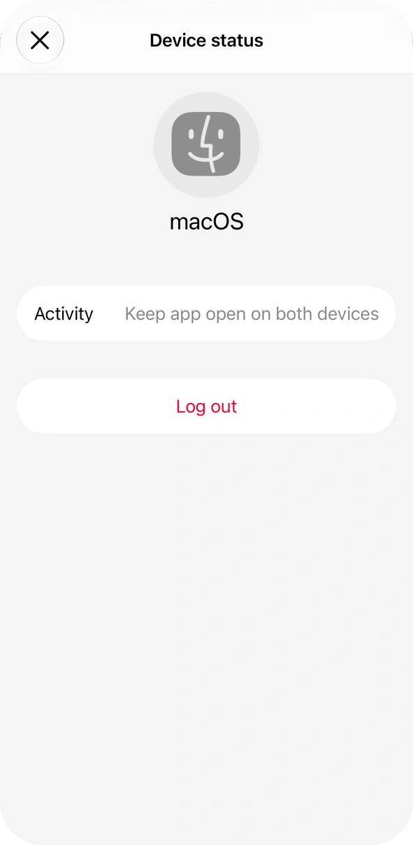 WhatsApp Business Device status screen for a macOS linked device with a Log out button