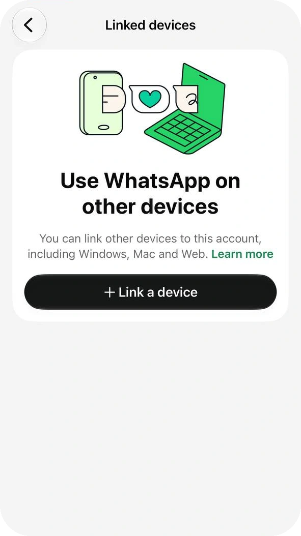 WhatsApp Business Linked devices screen with the text Use WhatsApp on other devices and a Link a device button
