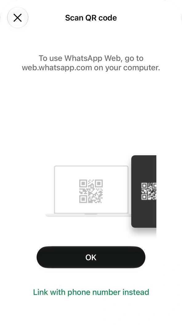 WhatsApp Business Scan QR code screen with an OK button and the option Link with phone number instead