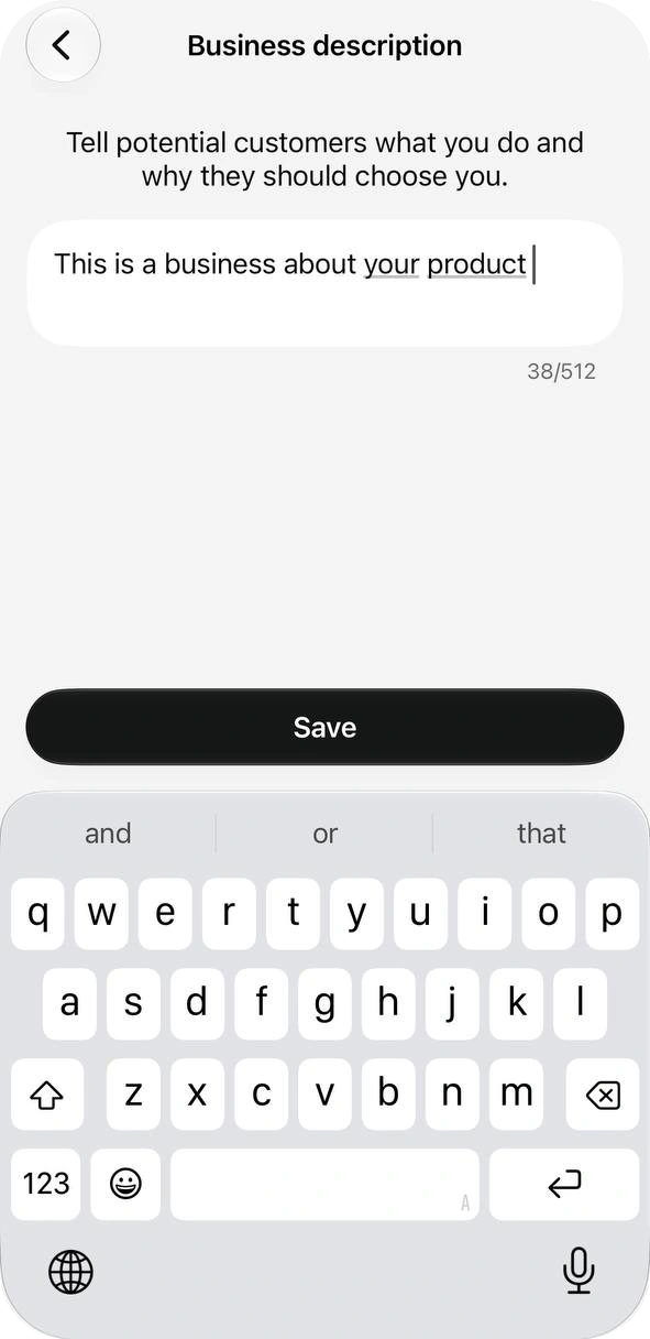 Business description screen with a placeholder sentence and a character counter reading 38 of 512