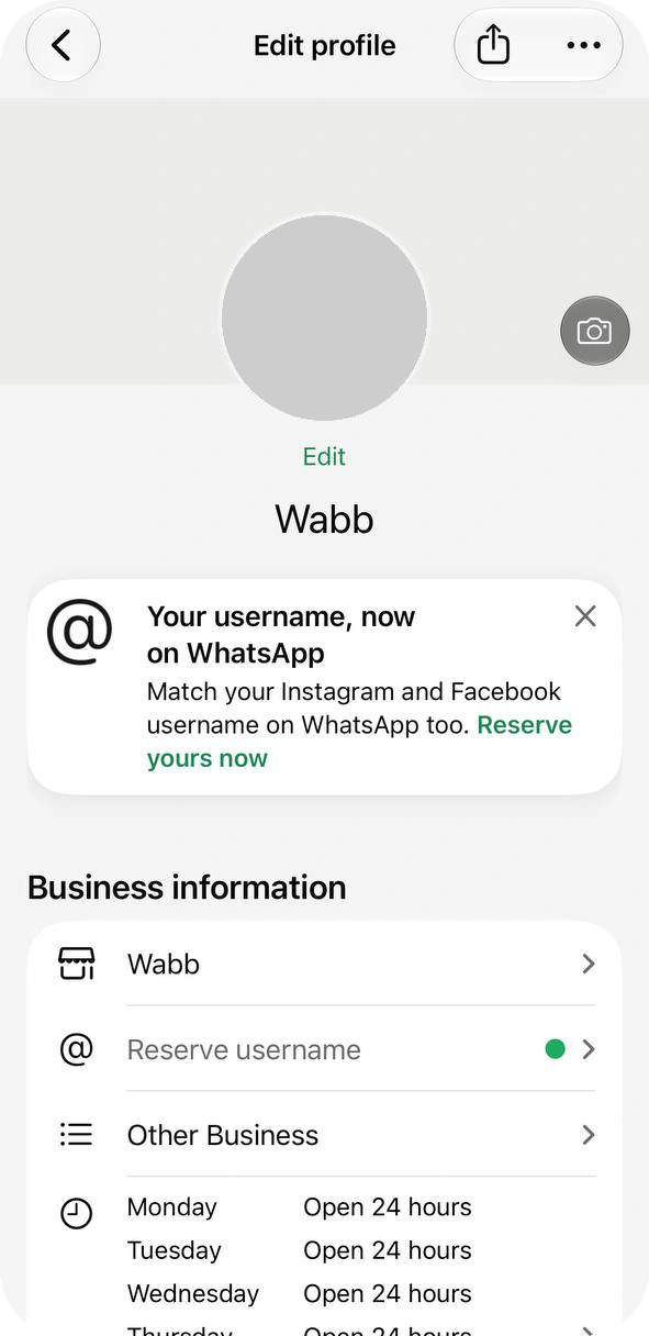 Edit profile screen with a cover and photo area, the business name Wabb, a username banner and the Business information list