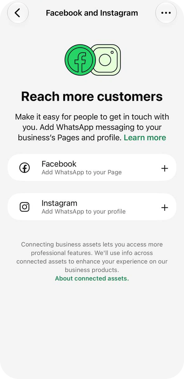 Facebook and Instagram screen titled Reach more customers with Add WhatsApp to your Page and Add WhatsApp to your profile