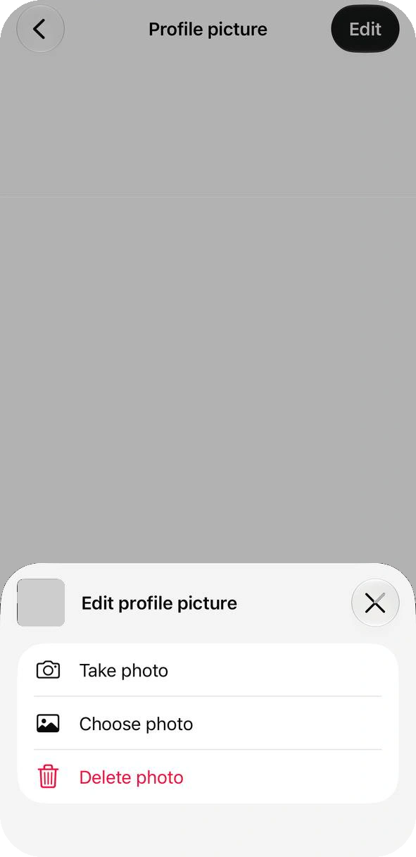 Profile picture screen with the Edit profile picture sheet offering Take photo, Choose photo and Delete photo