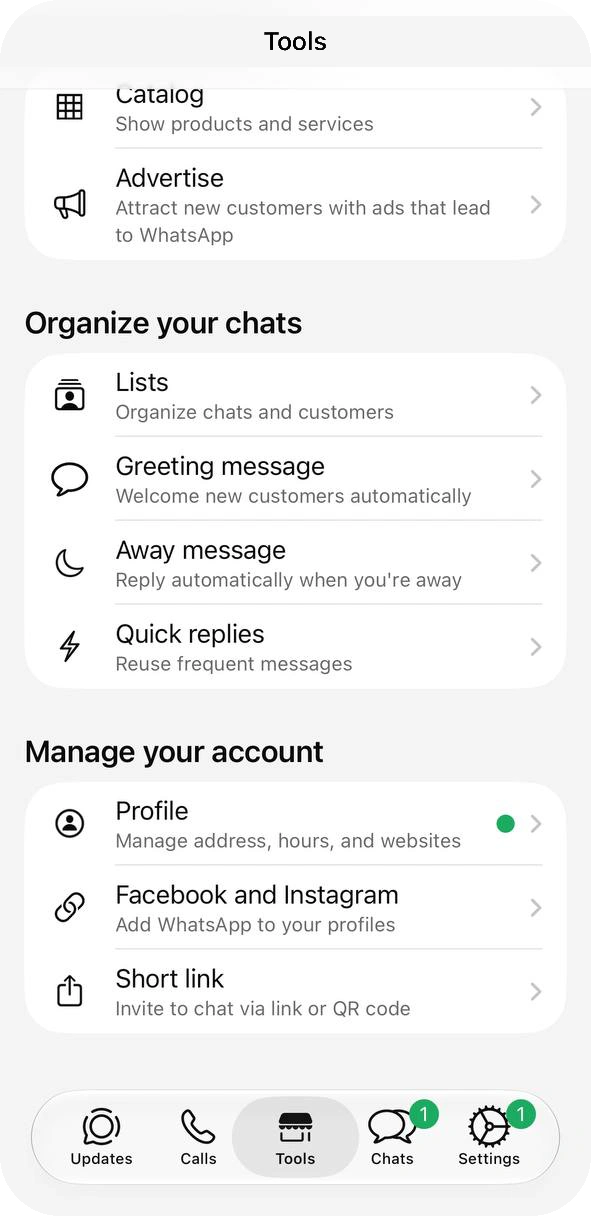 WhatsApp Business Tools tab with Profile, Facebook and Instagram and Short link in the Manage your account group