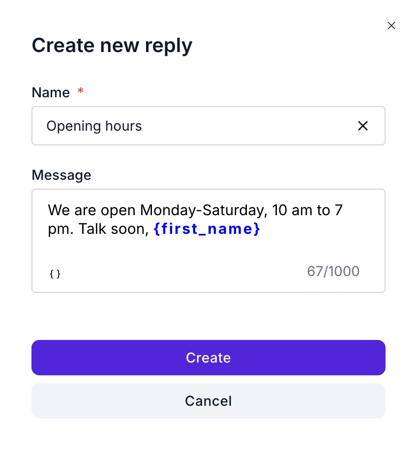 WABB Create new reply dialog with the name Opening hours and a message about opening hours that ends with the first_name field