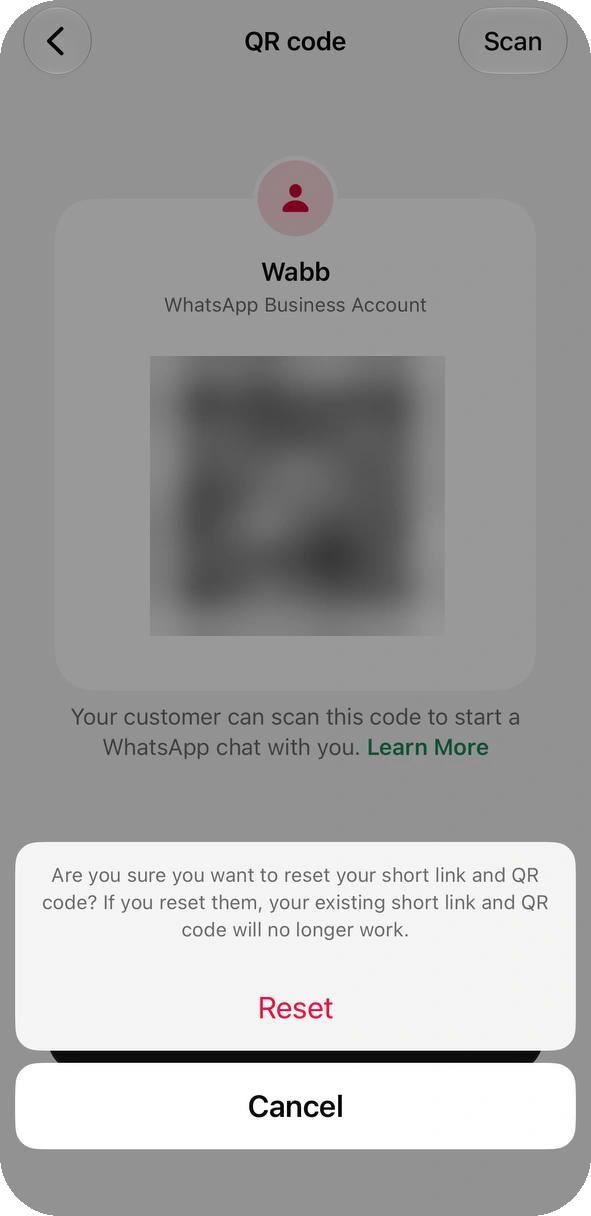 Reset confirmation asking whether to reset the short link and QR code, with Reset and Cancel buttons