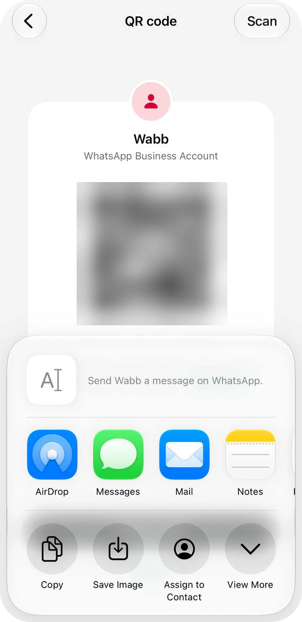 iPhone share sheet over the QR code with AirDrop, Messages, Mail, Notes, Copy and Save Image