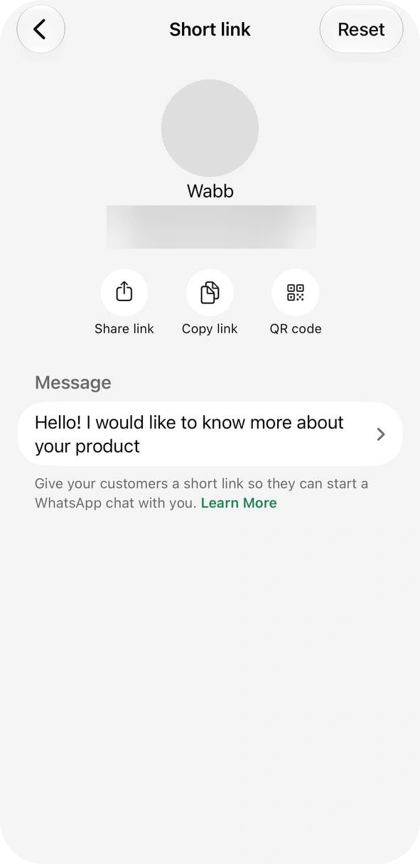 Short link screen with the link, Share link, Copy link and QR code buttons and a filled message row