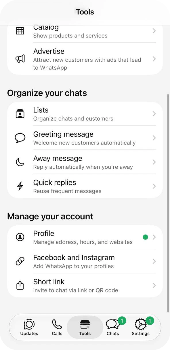 WhatsApp Business Tools tab with Short link in the Manage your account group