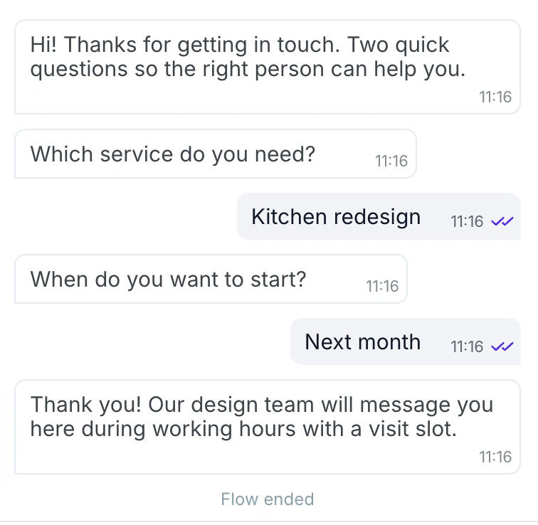 WABB Preview mode chat: greeting, Which service do you need, the answer Kitchen redesign, When do you want to start, the answer Next month, and a closing message, then Flow ended