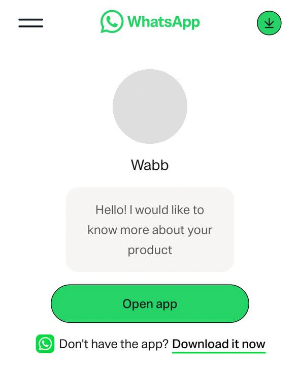 WhatsApp web page for a business with its name, the first message, an Open app button and a download link