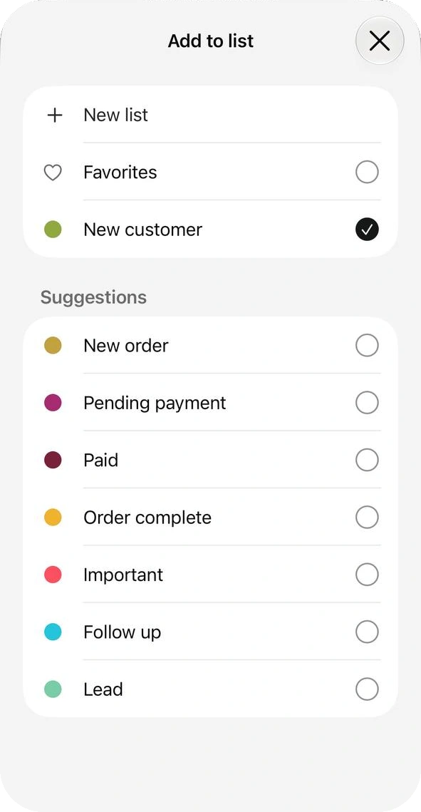 Add to list sheet with New list, Favorites, New customer ticked and suggested lists such as New order and Lead