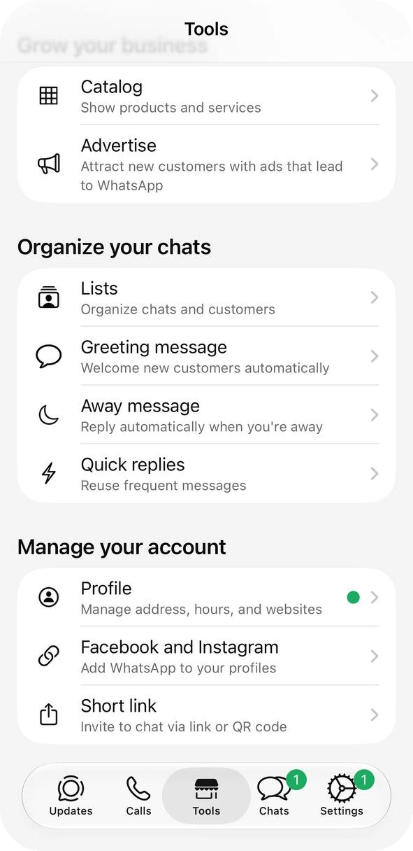 WhatsApp Business Tools tab with Quick replies in the Organize your chats group