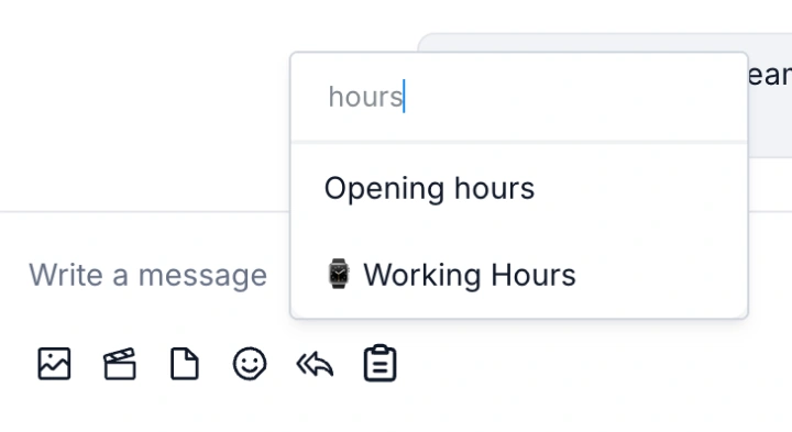 WABB Live Chat message box with the Fast Replies list opened and the search hours showing Opening hours