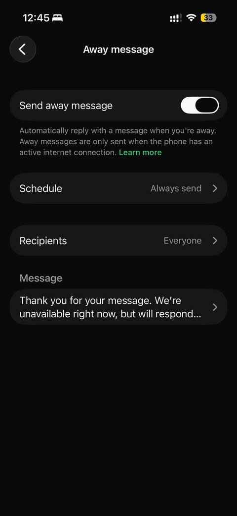 WhatsApp Business away message settings, with schedule and recipients options