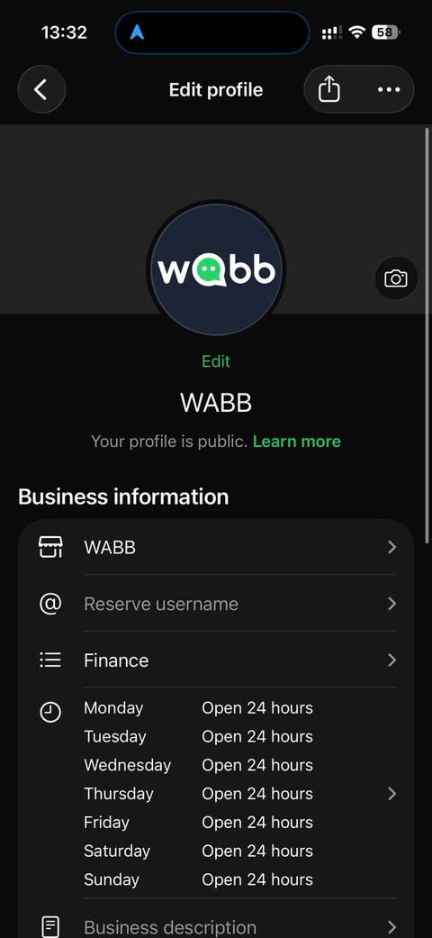 WhatsApp Business Edit profile screen showing business name, logo, category, business hours, and address fields