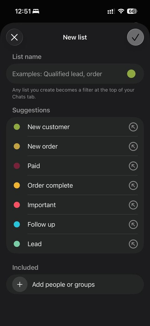 WhatsApp Business New list screen showing suggested lists including New customer, New order, Paid, Order complete, Important, Follow up, and Lead