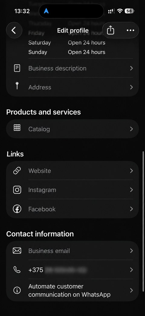 WhatsApp Business Profile settings showing Catalog, Website, Instagram, Facebook, and Contact information fields