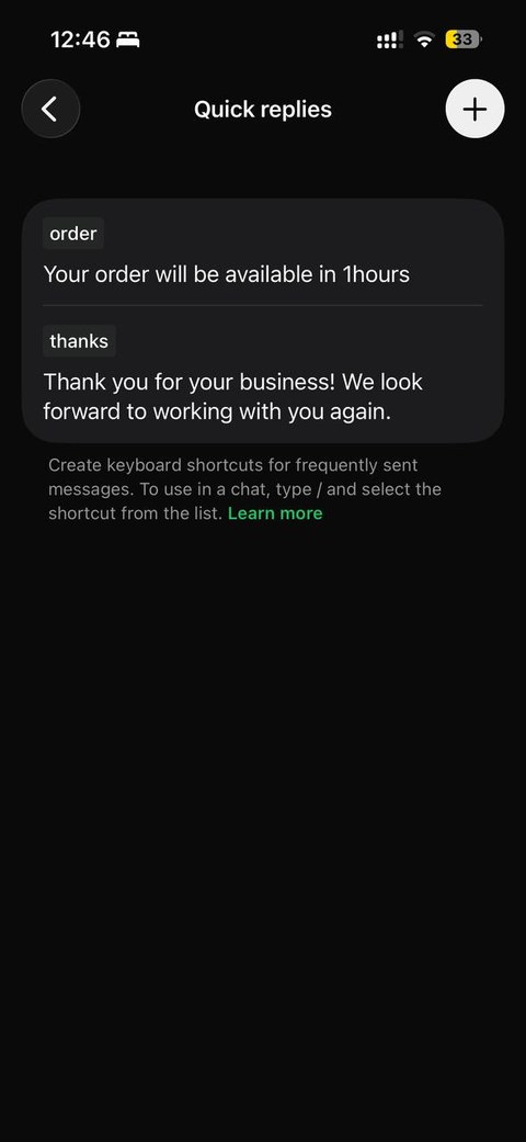 WhatsApp Business quick replies list, with order and thanks shortcuts