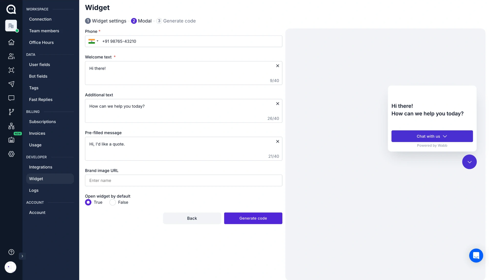 WABB widget Modal step with Phone, Welcome text, Additional text, Pre-filled message and Brand image URL fields, and a preview of the open popup