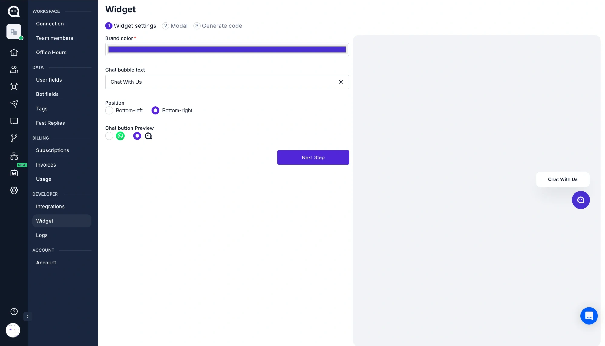 WABB Widget settings step with Brand color, Chat bubble text, Position and Chat button preview fields, and a live preview of the chat button on the right