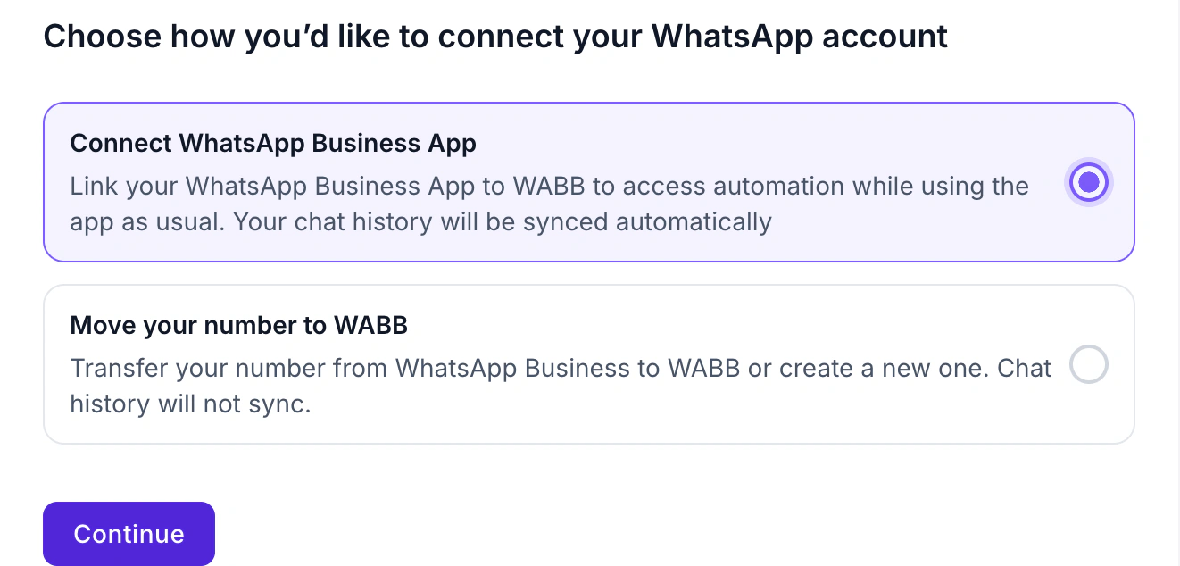 WABB Connect WhatsApp screen with two options: Connect WhatsApp Business App, selected, and Move your number to WABB, and a Continue button