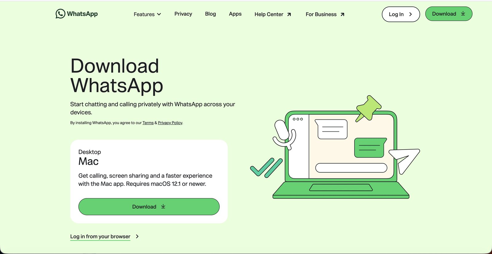 WhatsApp’s official download page, showing the Mac desktop app download card