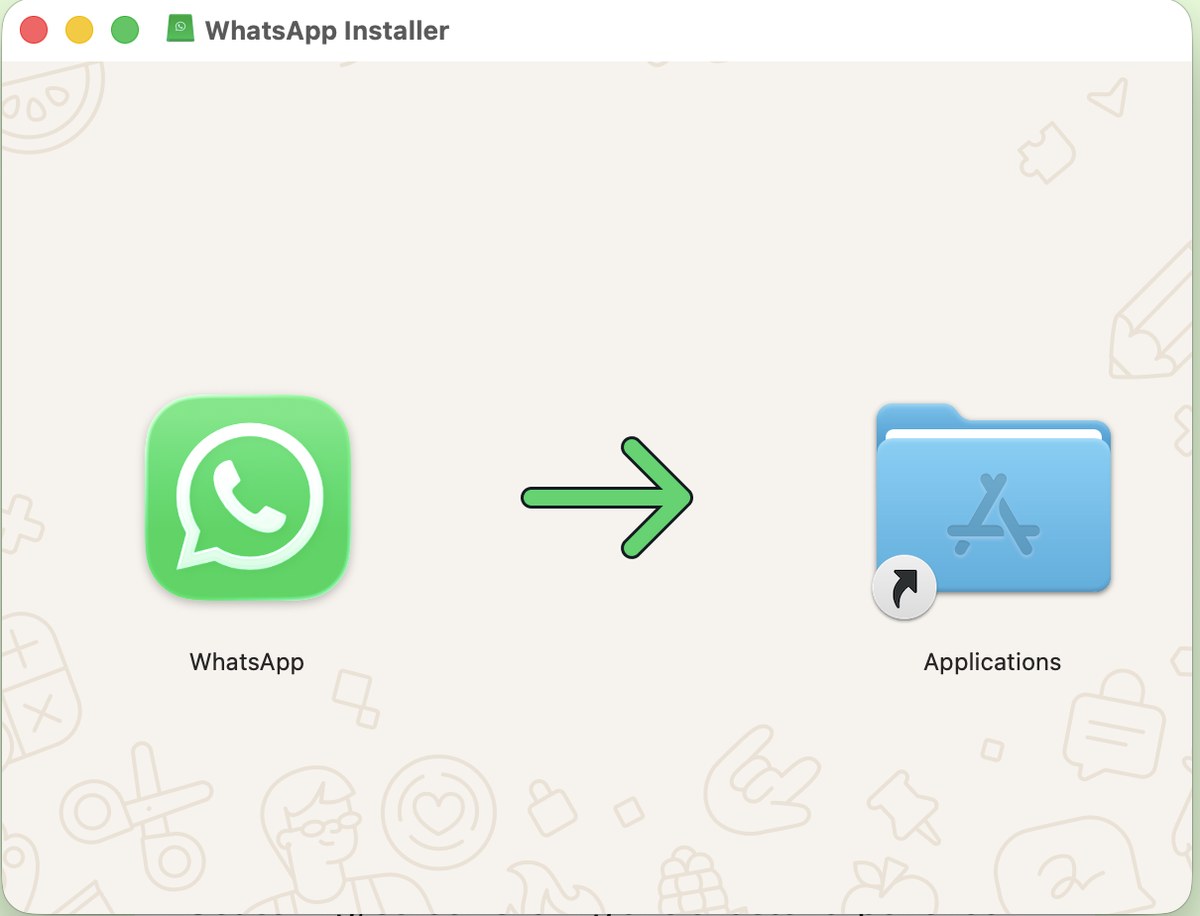 macOS installer window: drag the WhatsApp icon into the Applications folder